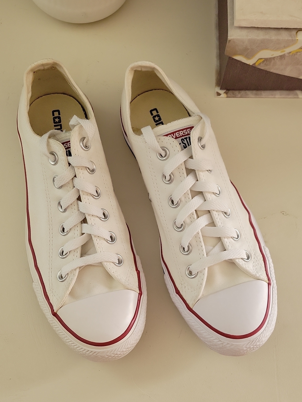 Converse White Low Top Sneakers with Red Trim